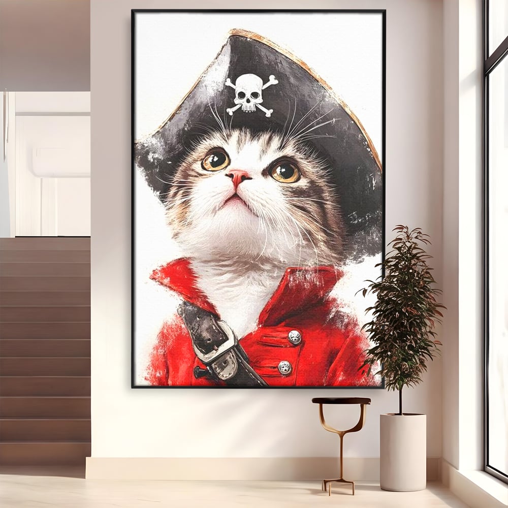 Tablou canvas cu tablou canvas cu motan pirat, in rama de aluminiu negru